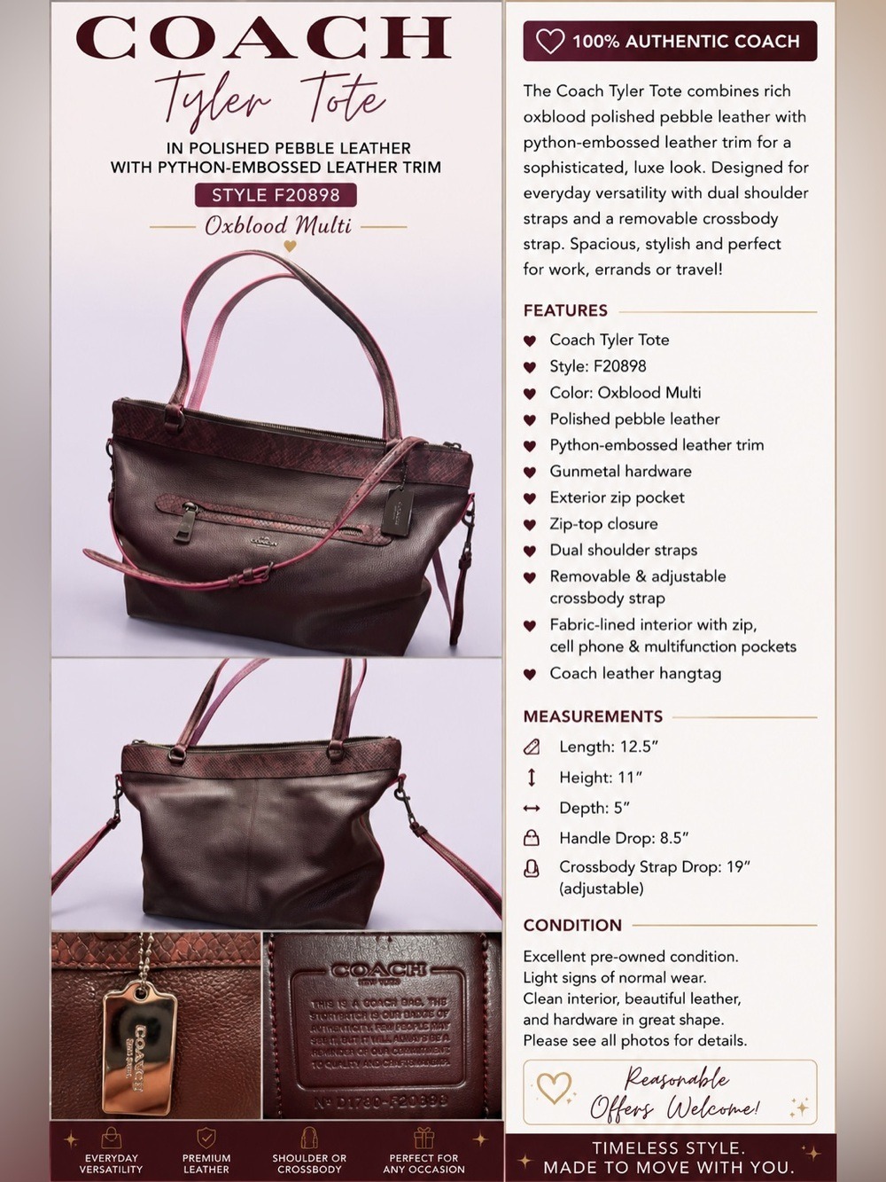 Coach Tyler Tote in Polished Pebble Leather with Python-Embossed Leather Trim